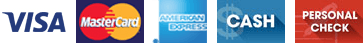 Visa, Mastercard, American Express, Cash, Check