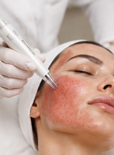 Microneedling treatment on a woman’s cheek with a handheld cosmetic device