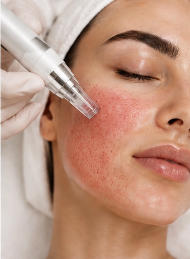 Microneedling device treating a woman’s cheek for skin resurfacing.