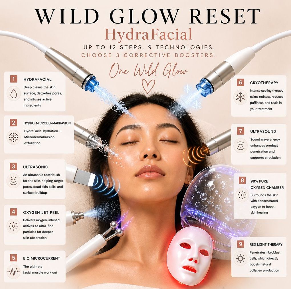 HydraFacial promo with woman receiving facial treatment, glowing skin effects, and treatment callouts