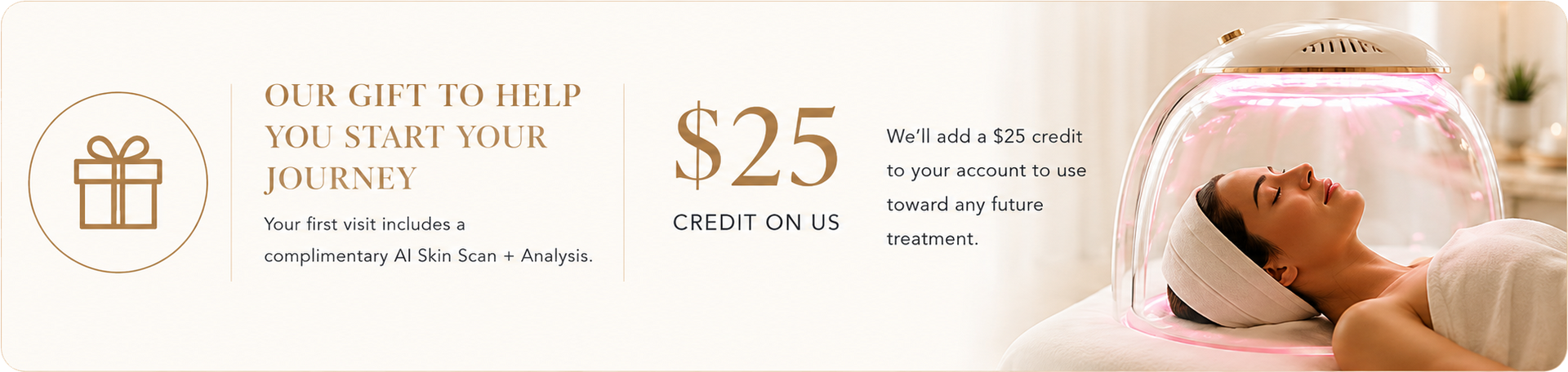 Spa gift card banner with $25 offer, gift icon, and a hand resting in a pink towel wrap