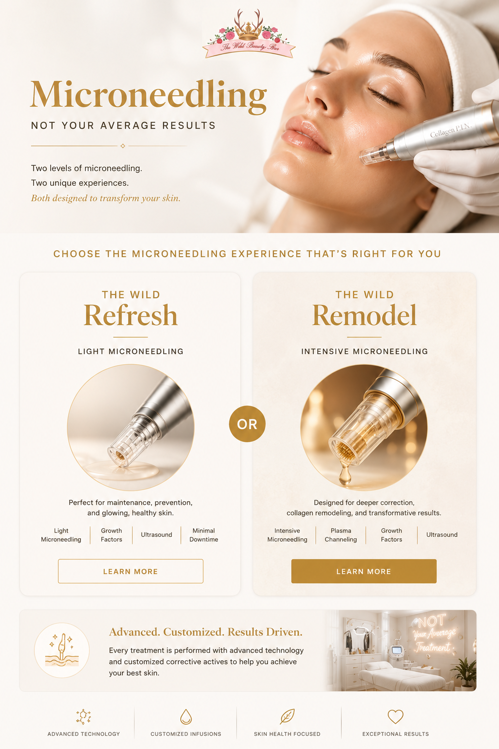 Microneedling promo featuring a woman receiving a facial treatment with a handheld device and text on skin rejuvenation