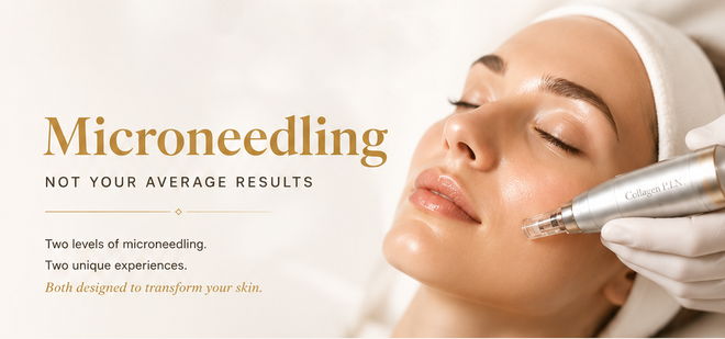 Microneedling promo with a woman receiving facial treatment and golden text on a soft beige background.