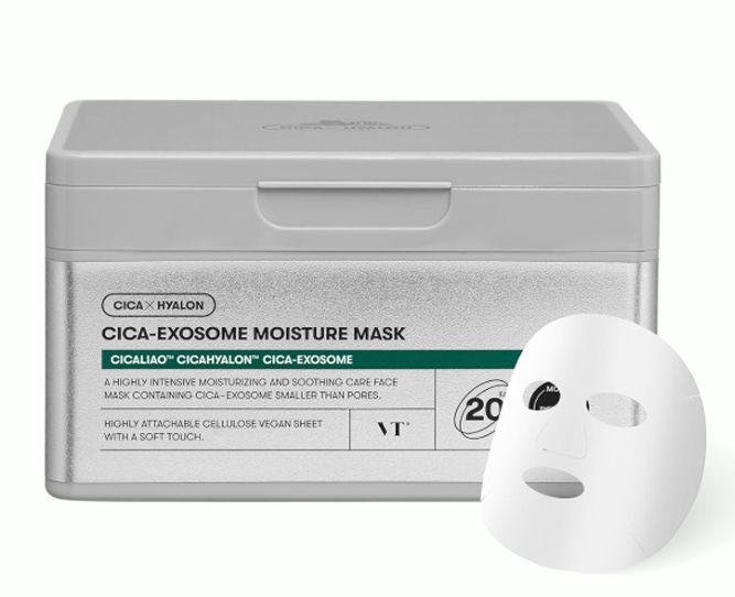 White cosmetic jar labeled CICA-EXOSOME MOISTURE MASK with a white sheet mask beside it.