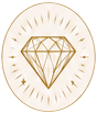 Gold diamond emblem inside a pale circular badge with radiating lines