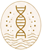 Gold DNA helix icon within a circle with dotted accents and wavy lines