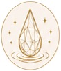 Gold crystal logo with a faceted droplet over concentric circles and sparkles on a white background