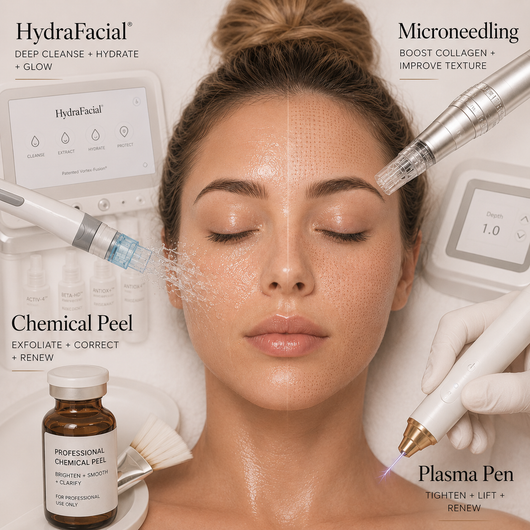 Woman receiving facial skincare treatments with labeled device and product close-ups around her face