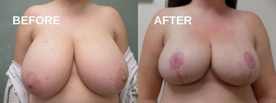 Side-by-side comparison of breasts before and after surgery, showing changes in shape and appearance.