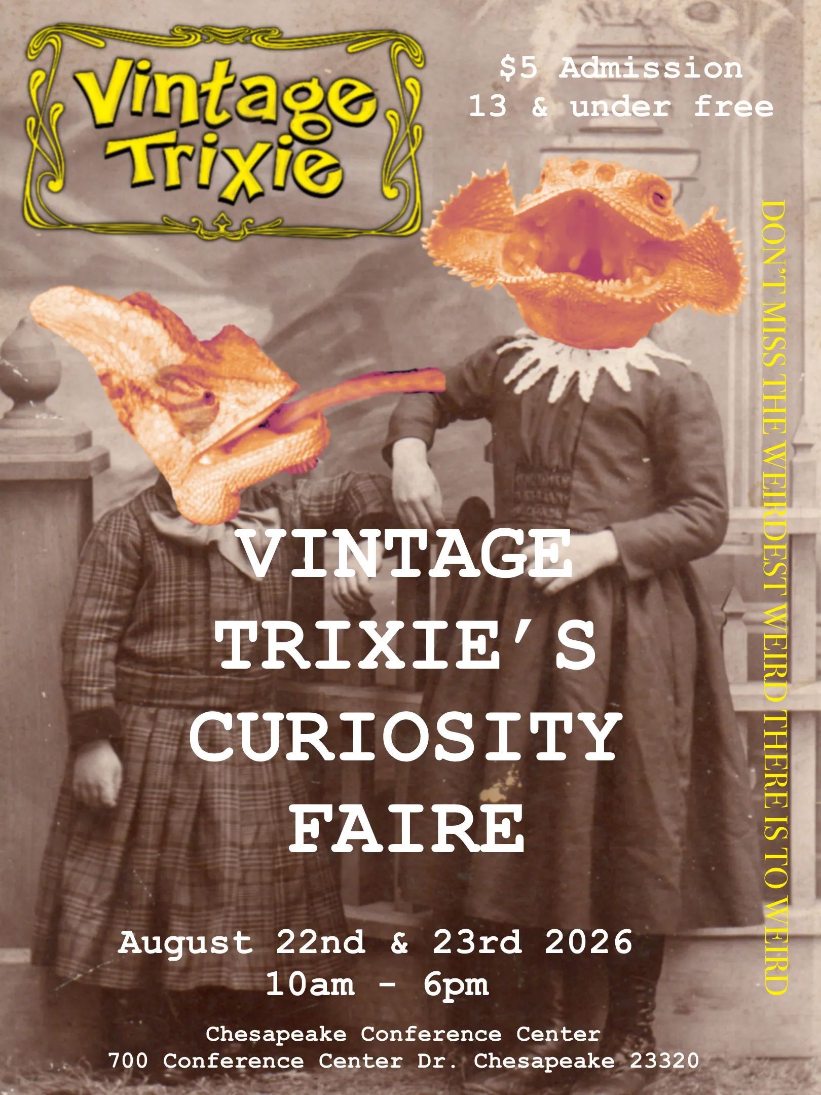 Vintage Trixie’s Curiosity Faire poster with butterfly collage and event details, August 22–23, 2026.