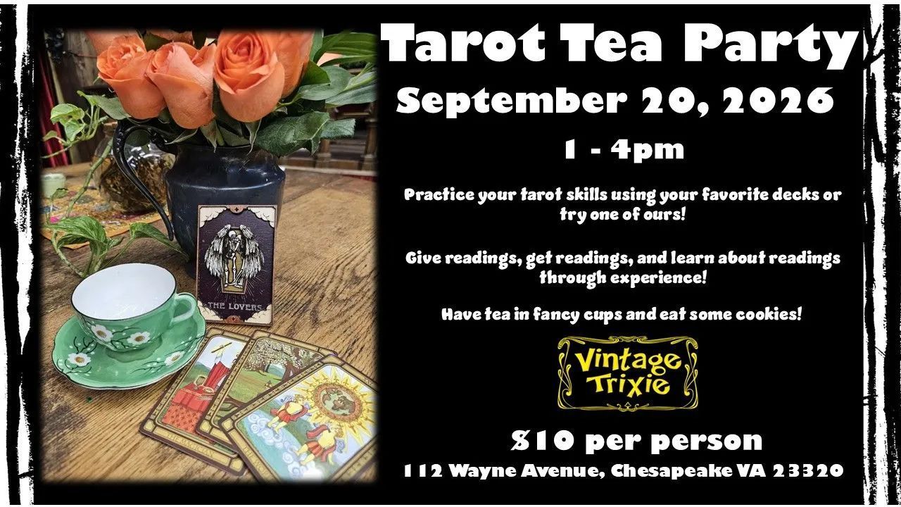 Tarot Tea Party flyer with roses, teacup, tarot deck, Sept. 29, 2016, 1–4pm, Vintage Vixens, $10 per person