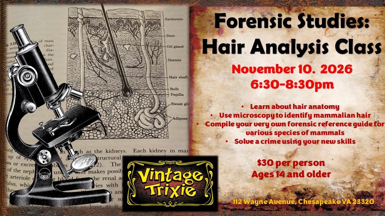 Vintage-style flyer for “Forensic Studies: Hair Analysis Class” with microscope, hair sample, date, time, and $30 fee
