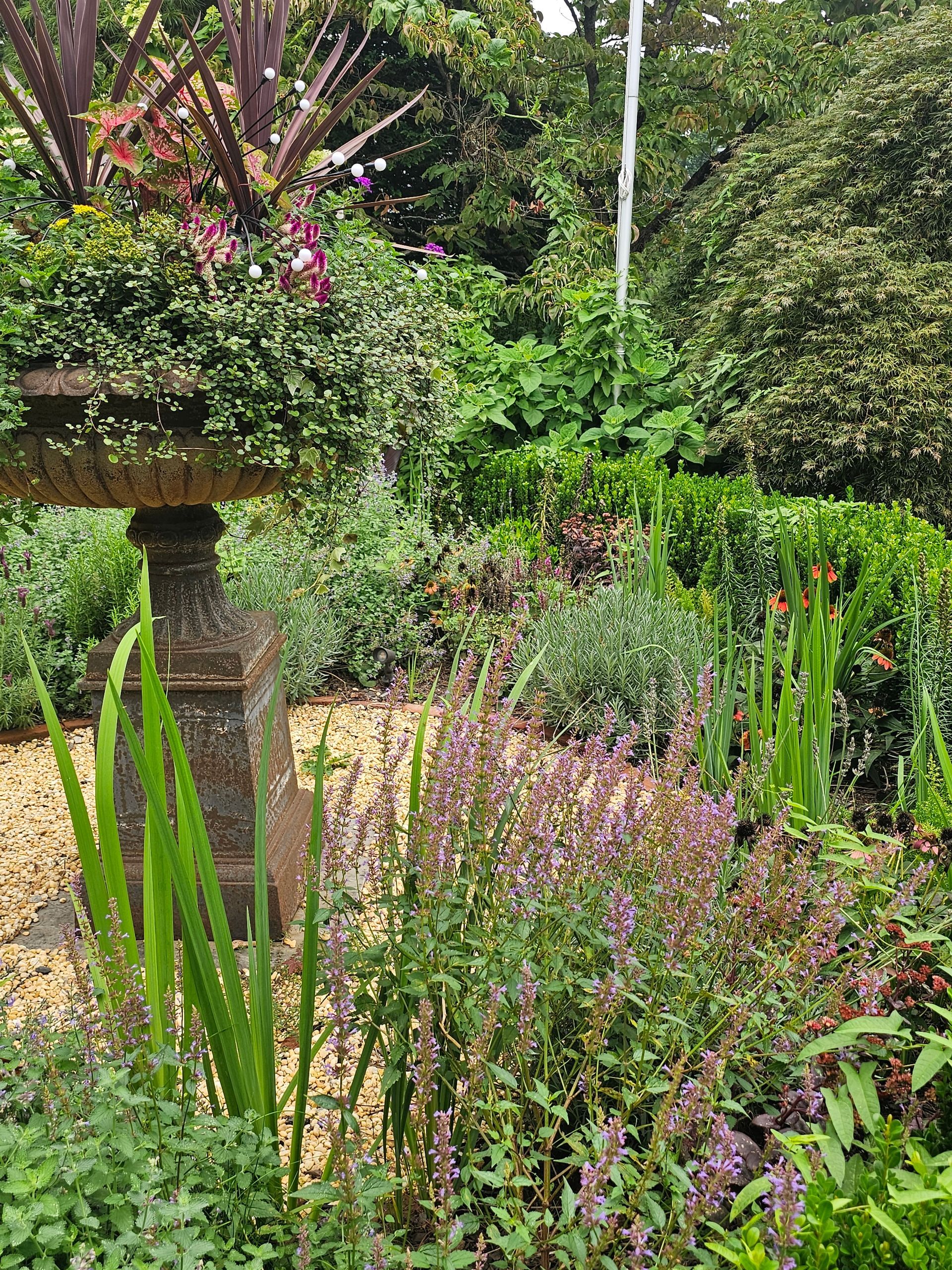 Colorful garden with tall green grasses, purple flowers, and a stone planter among dense greenery