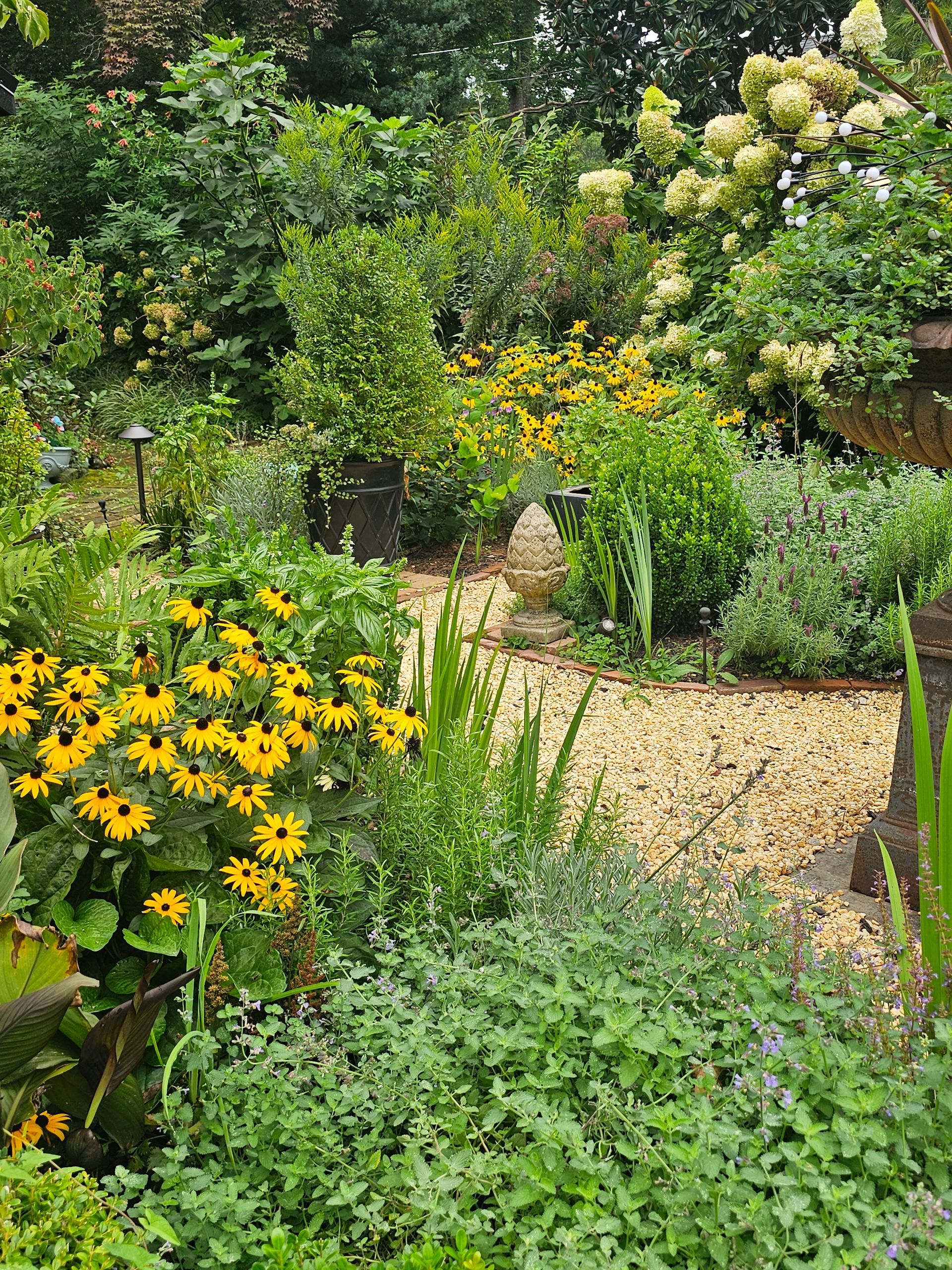 Lush garden path bordered by yellow flowers, green shrubs, and trees