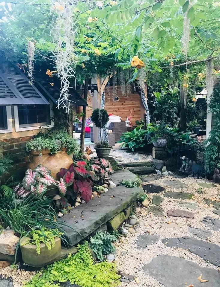 Garden path with lush plants, stone steps, and a small wooden shed under leafy trees