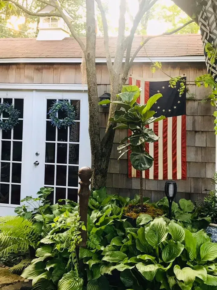 House front with white doors, an American flag, and lush green garden plants in sunlight