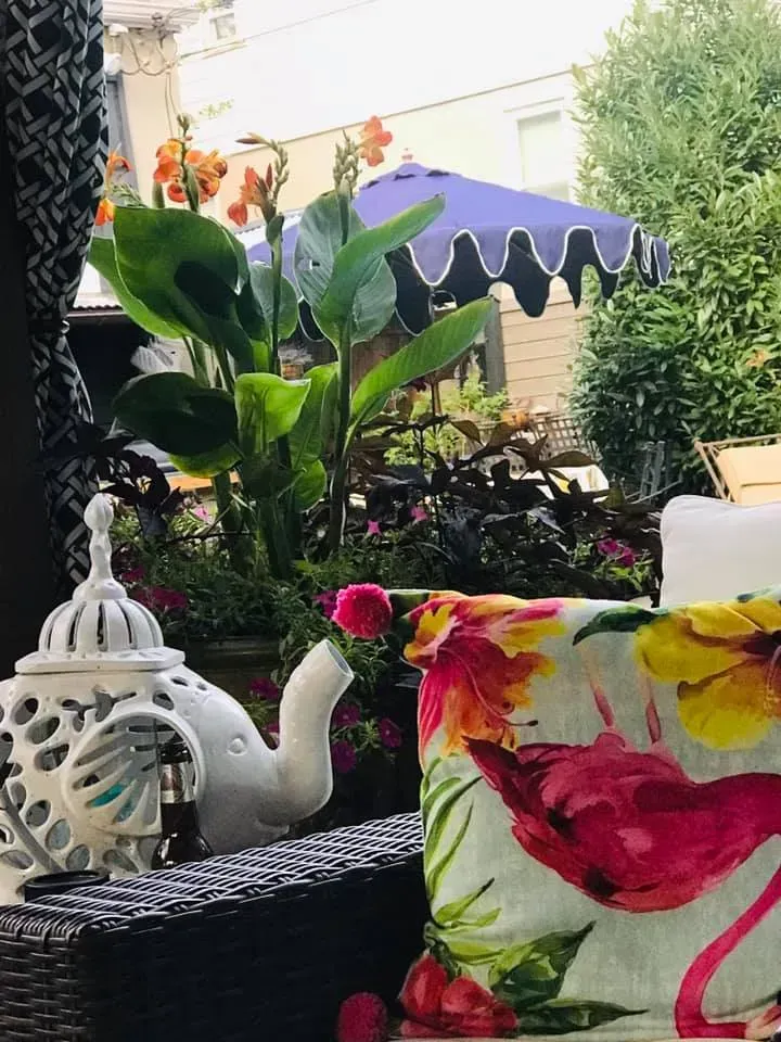 Garden patio with potted plants, a purple umbrella, and colorful floral cushions on a chair