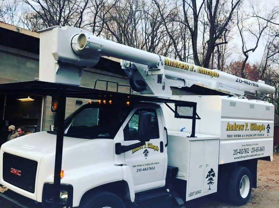 White utility bucket truck parked outdoors under bare trees