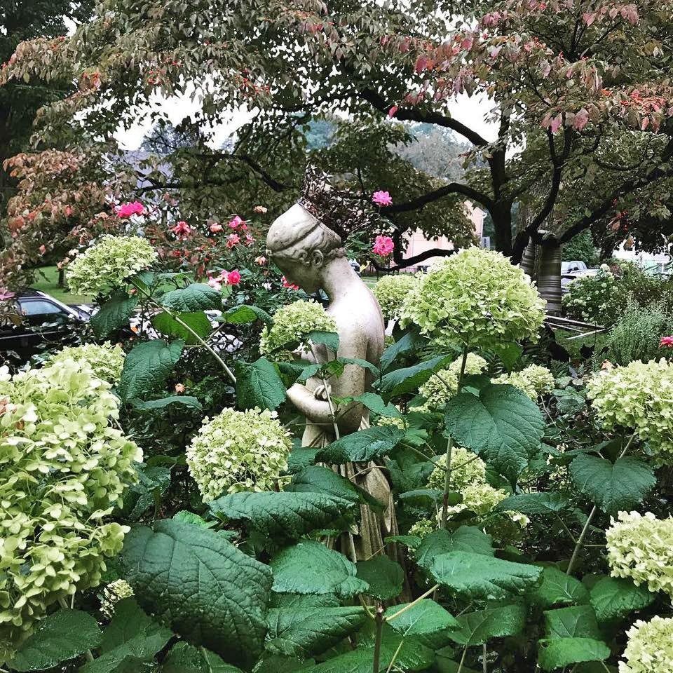 Flowering garden with green hydrangeas and a decorative bird sculpture under leafy branches