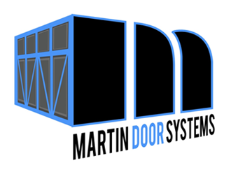 Logo for Martin Door Systems; features a blue garage door and stylized black "M" arches. Text: MARTIN DOOR SYSTEMS.