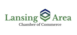 Lansing Area Chamber of Commerce logo with stylized geometric shape in green and blue. Text is green.