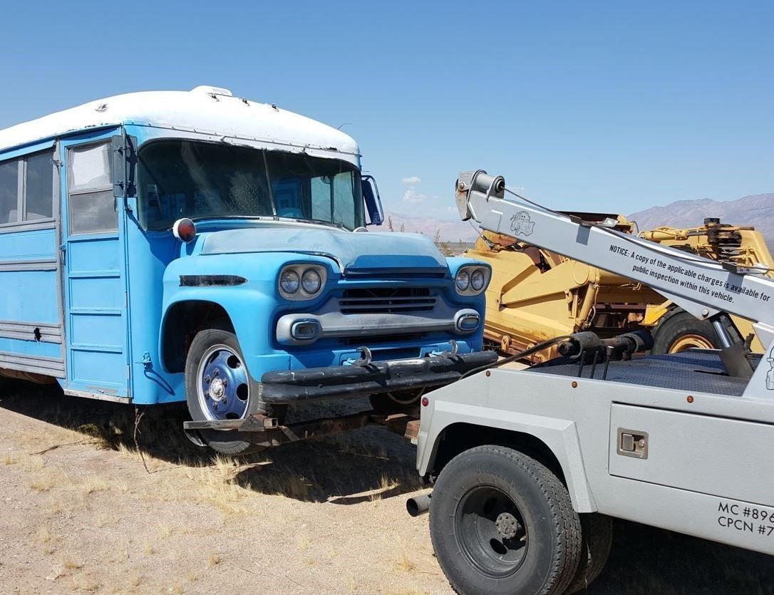 School bus being towed