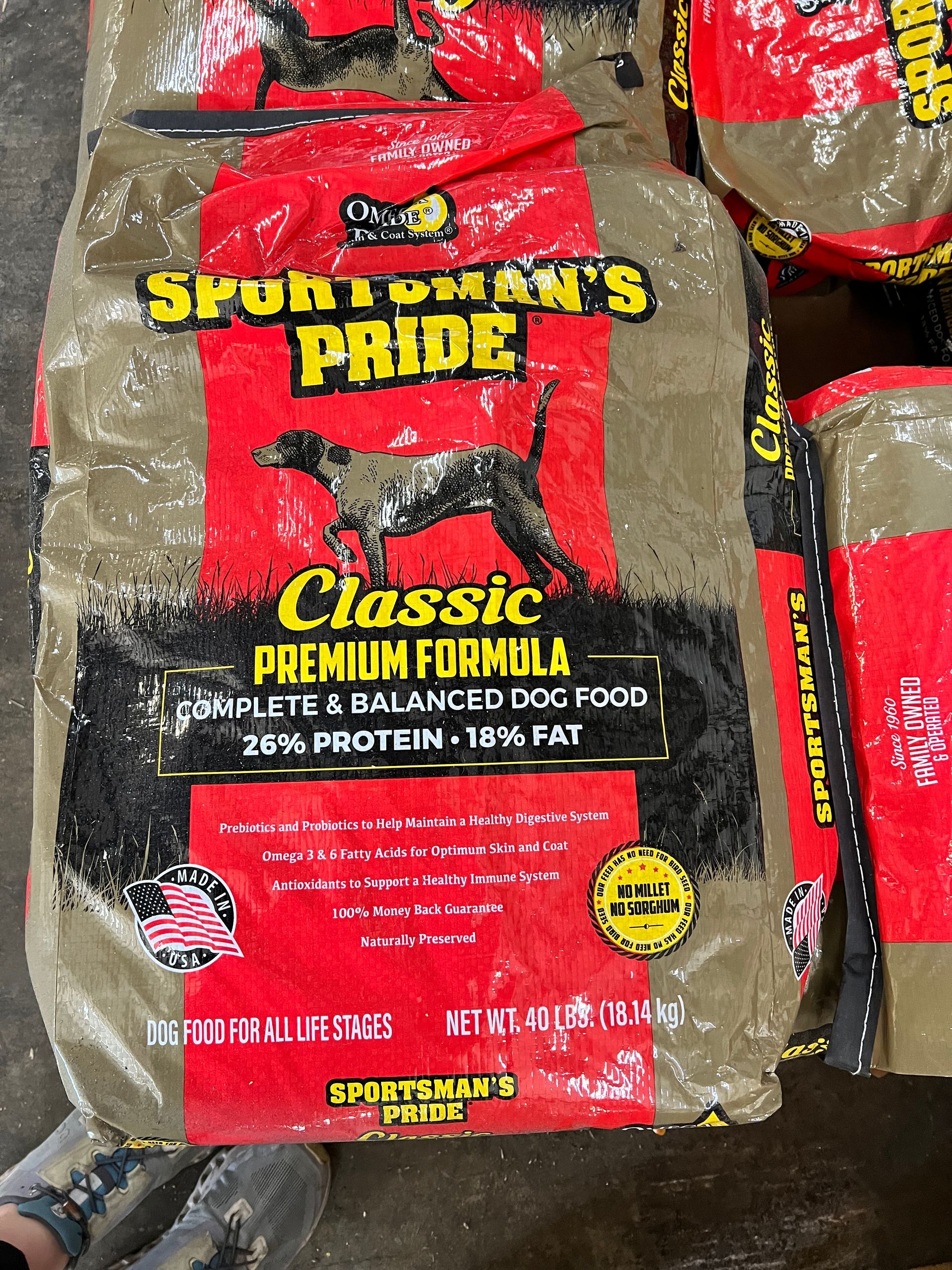A bag of Sportsman's Pride classic premium formula dog food