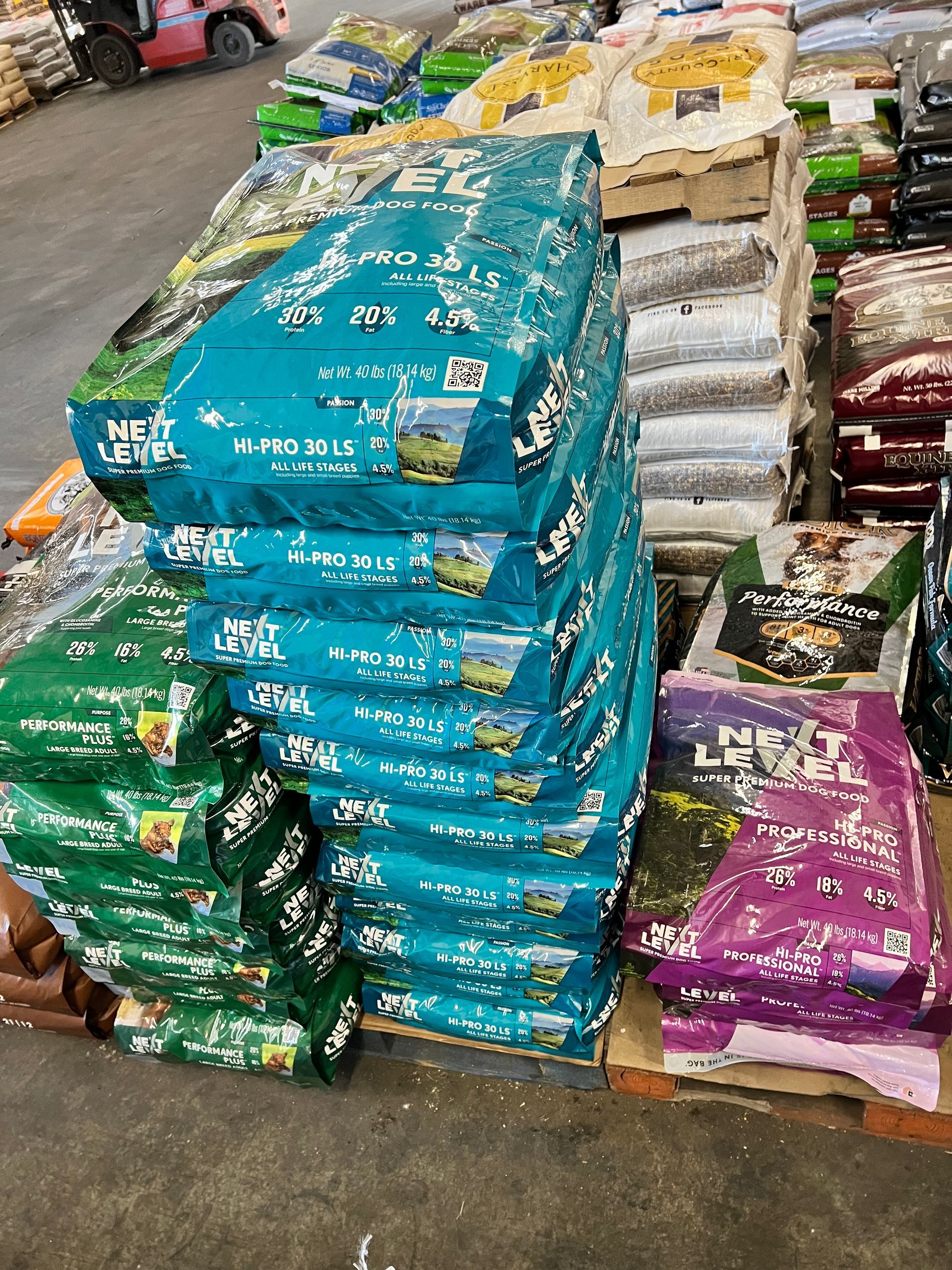 Different bags of dog food are stacked on top of each other