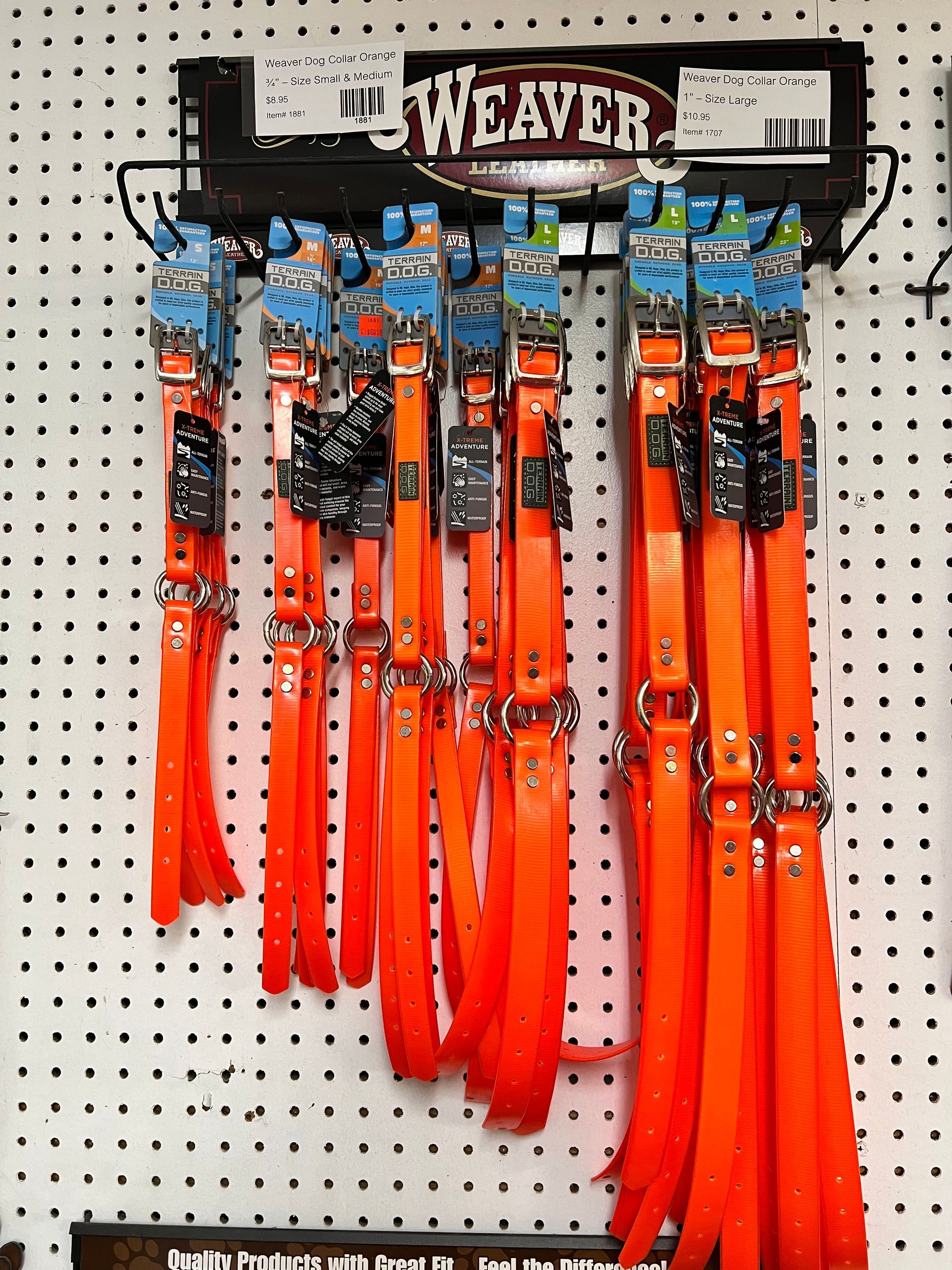 A display of weaver dog collars and leashes
