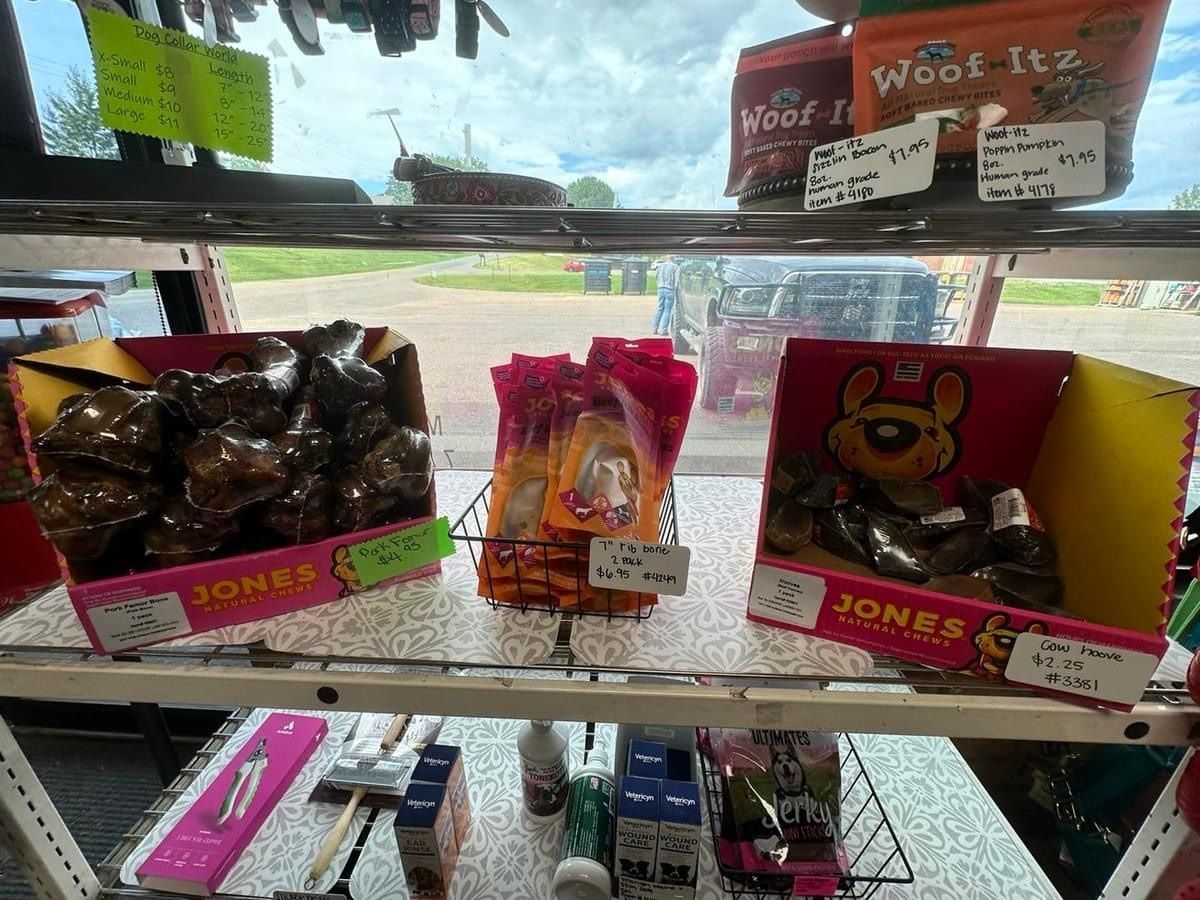 A display case filled with lots of dog treats and toys.