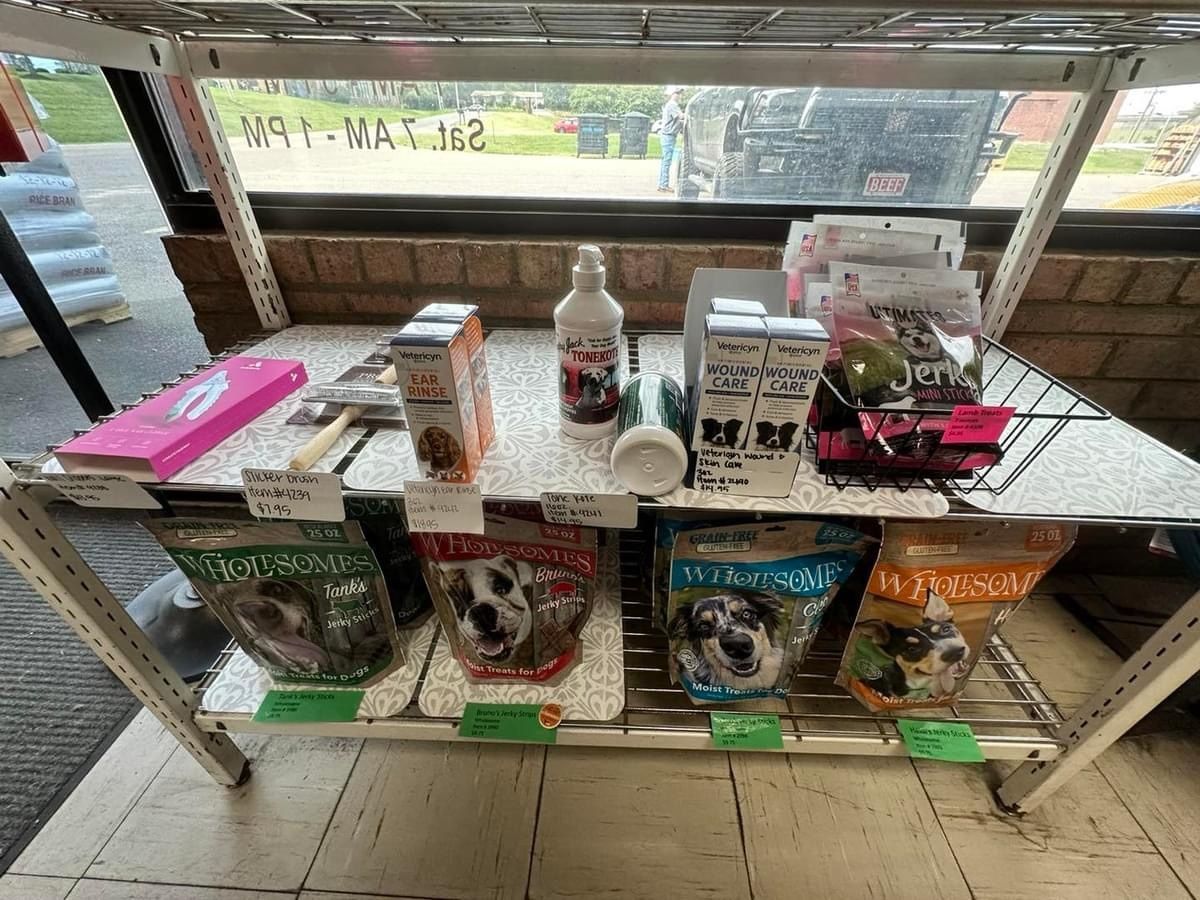A shelf filled with lots of dog food and supplies in a store.