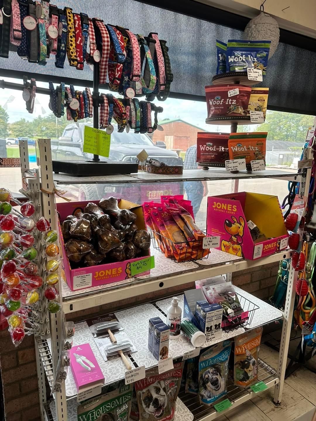 A store filled with lots of dog treats and collars.