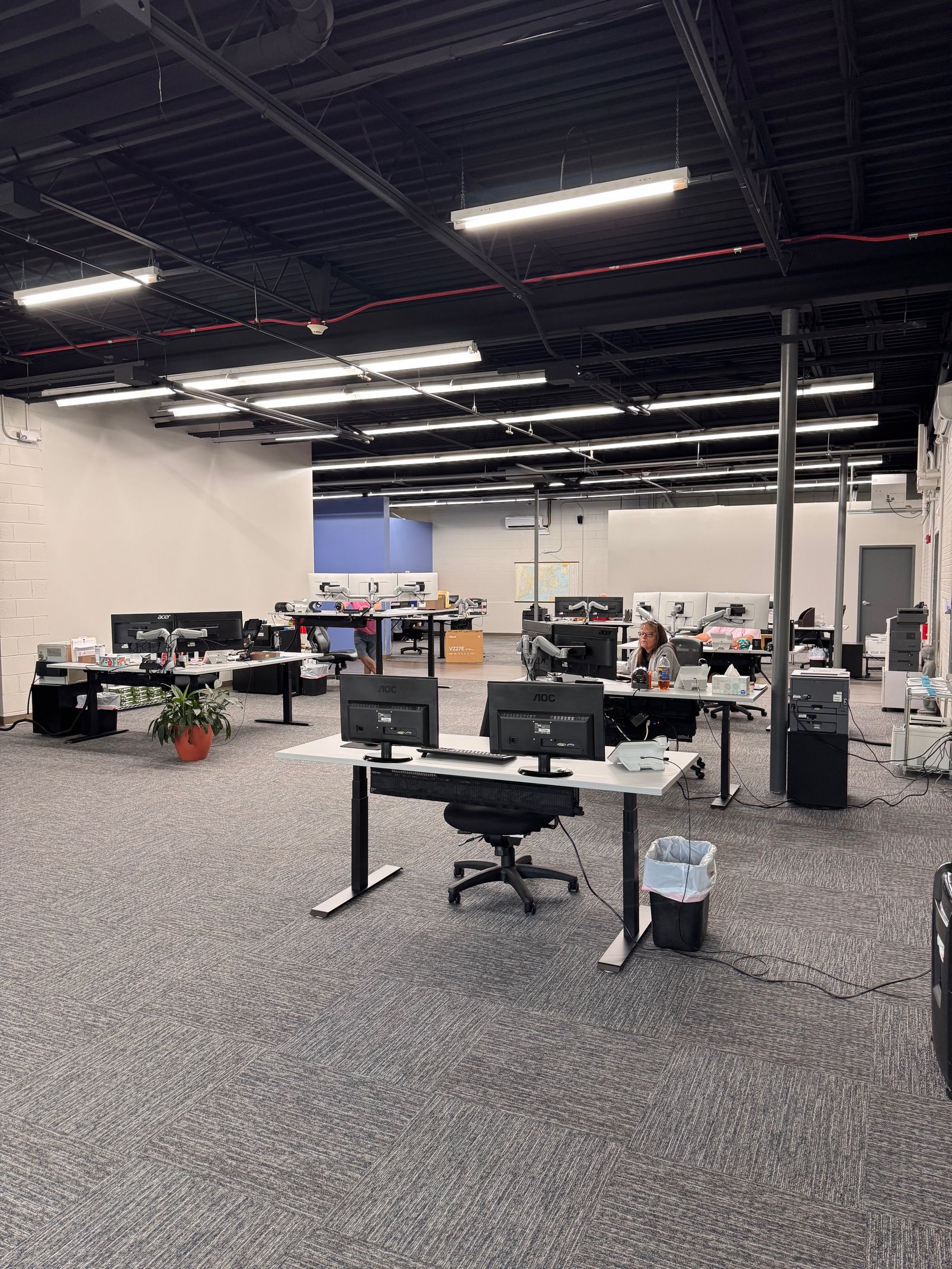 Open office with multiple desks, computers, and chairs under black ceiling with white and blue walls.