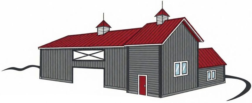Gray barn with red roof and cupolas, shown in a simple 3D illustration