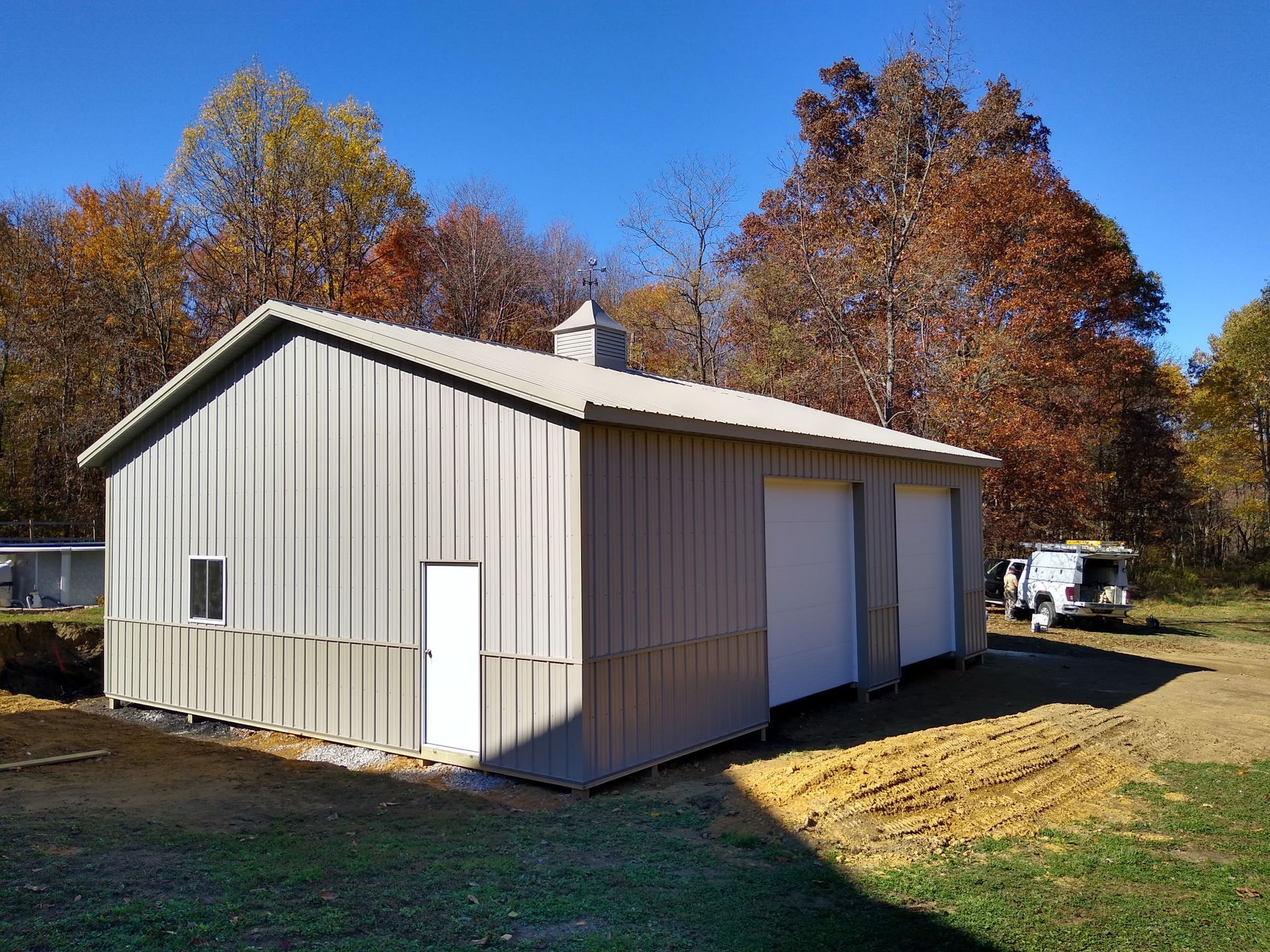 Beige metal shed with white doors in a grassy yard, framed by autumn trees and blue sky