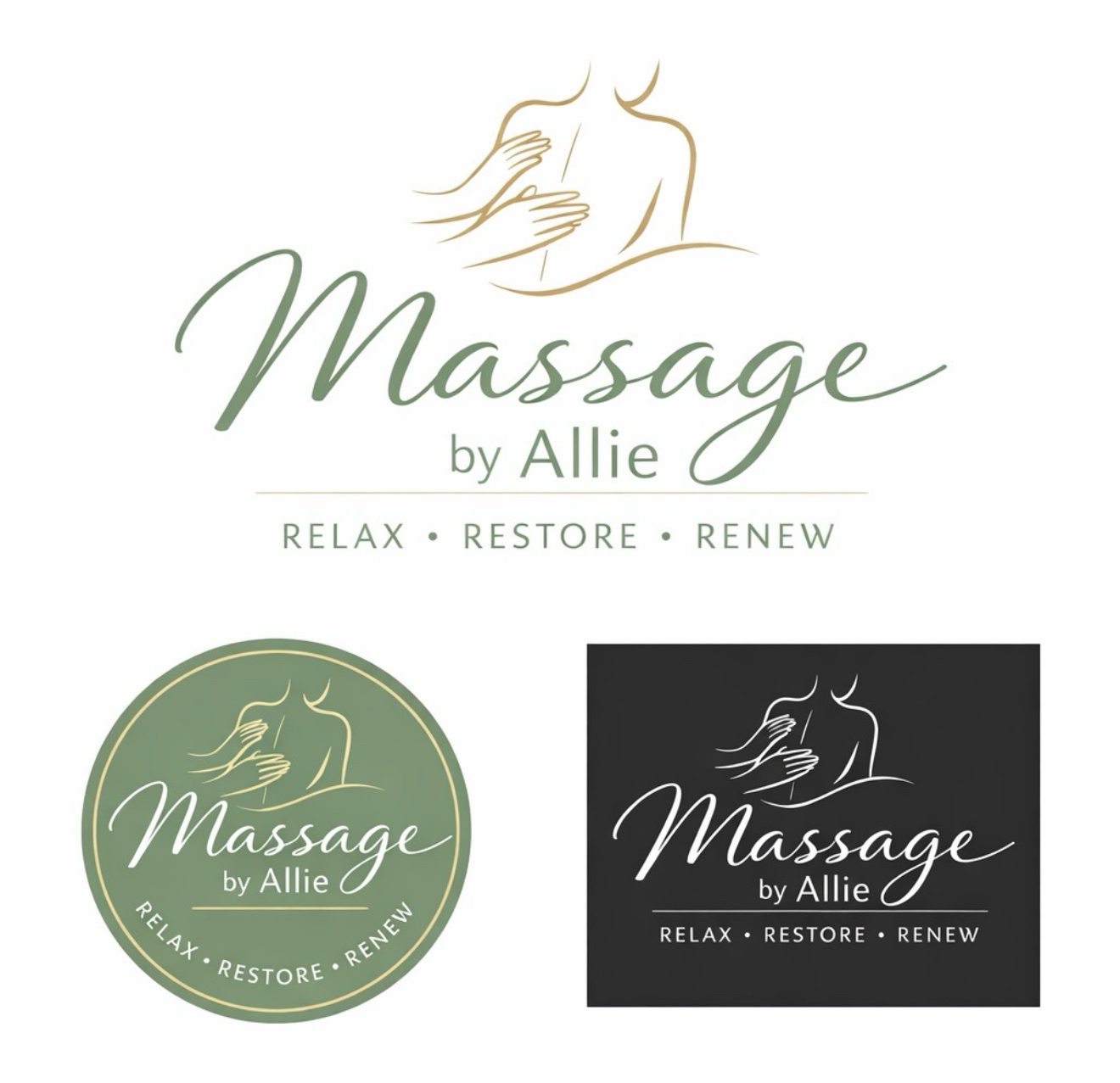 Massage by Allie logo with line-art figure, in sage green, gold, and black variations; tagline: Relax • Restore • Renew