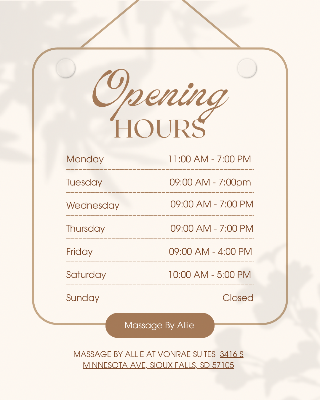Beige hanging opening hours sign with daily hours and a “Message us” button, for a salon or spa.