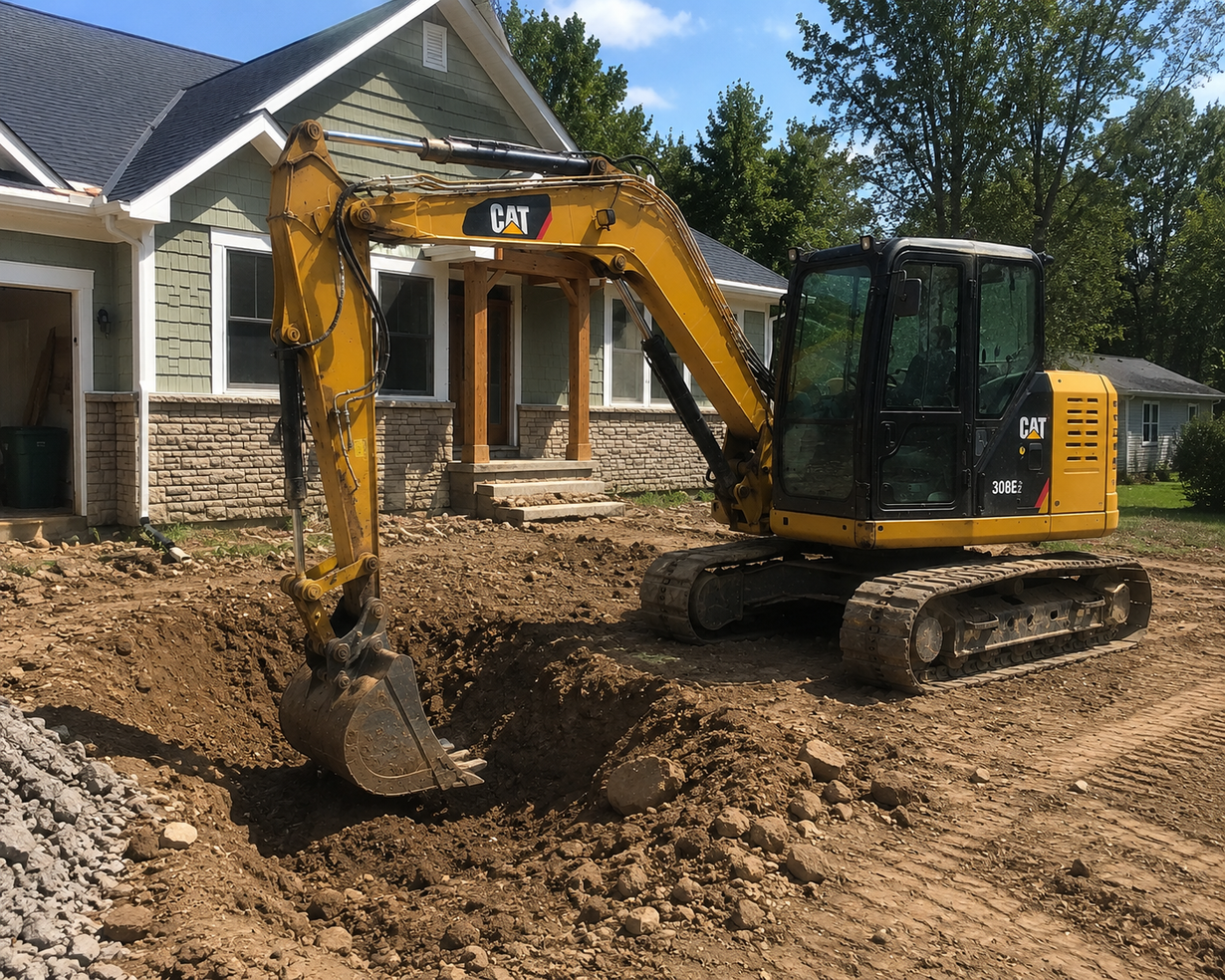 Two yellow excavators digging at a large construction site with exposed soil and trenches