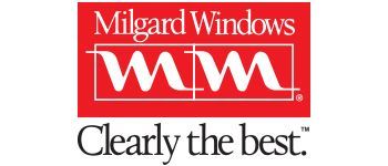 The milgard windows logo is red and white and says clearly the best.