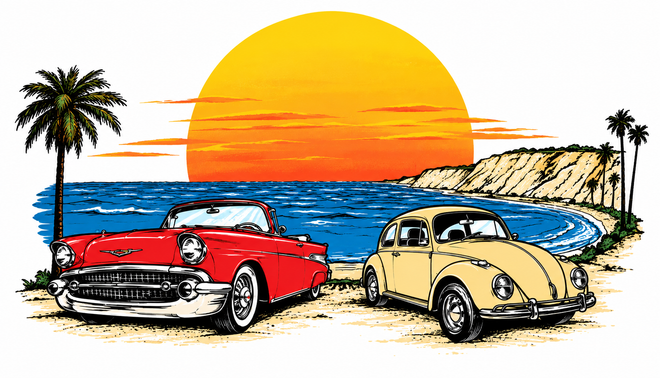 Two vintage cars parked by a sunny beach with palm trees and a bright orange sunset