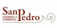 San Pedro Chamber of Commerce logo in maroon and brown text with a decorative swirl