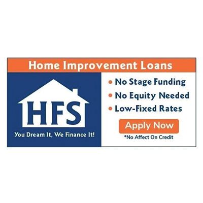 Home improvement loan advertisement with logo, text: 