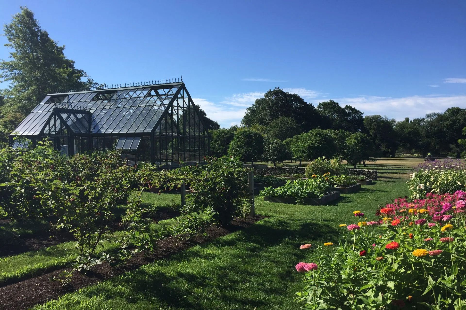 A greenhouse is surrounded by flowers and plants in a garden.
