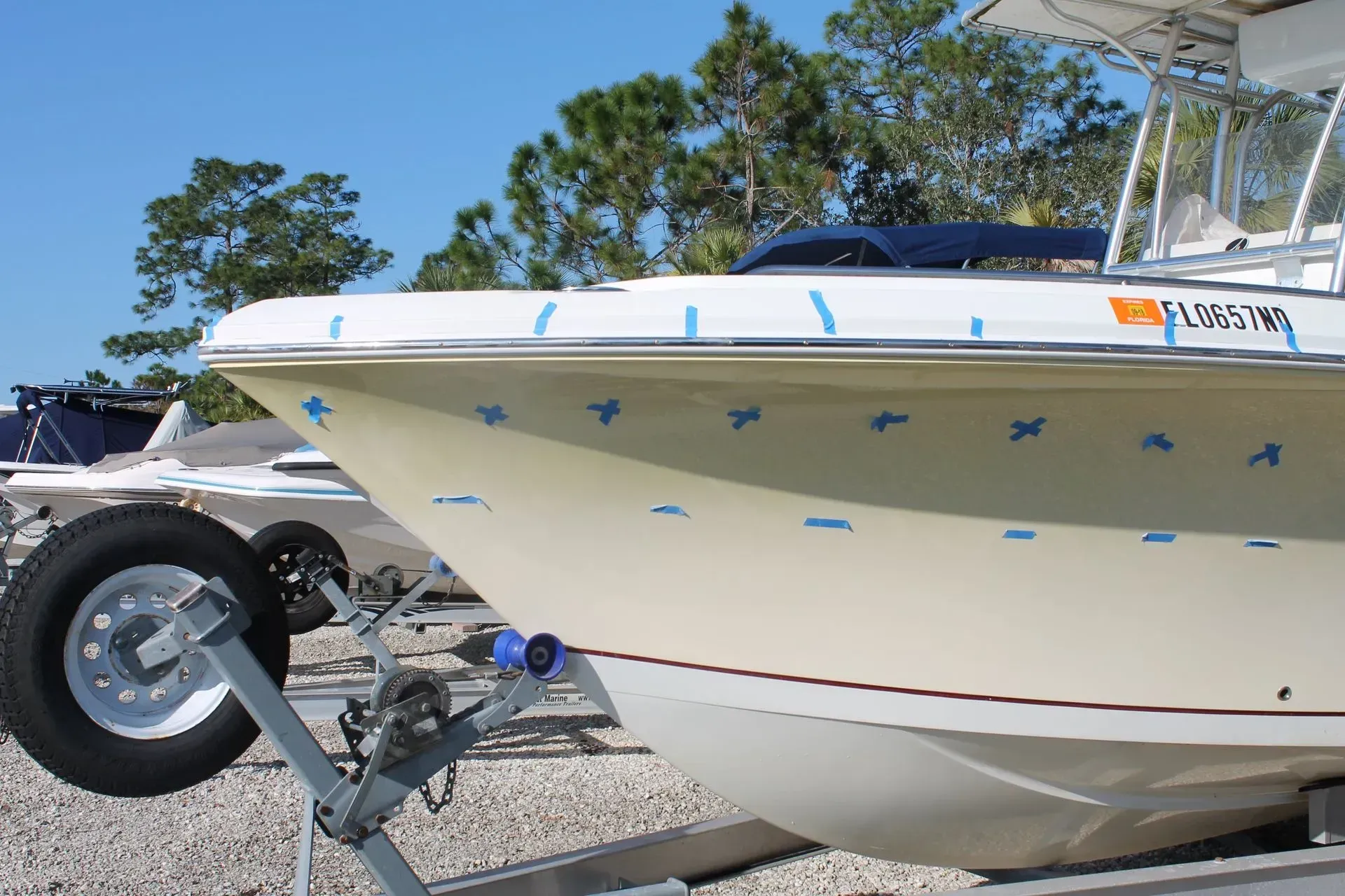 A boat with a license plate that says Florida on it.