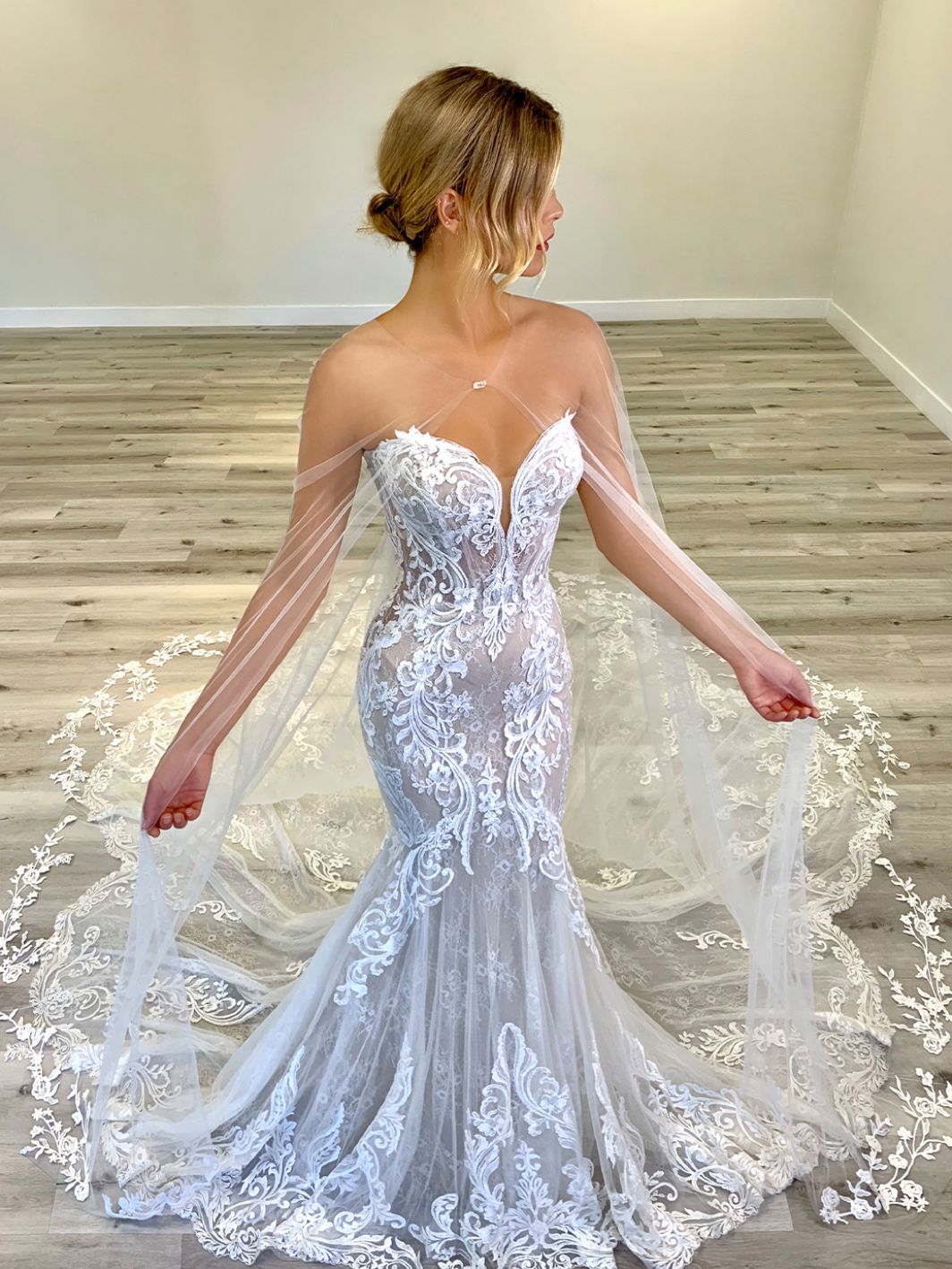 enzoani, modern, cut outs, crepe, satin, fitted, sexy wedding gown