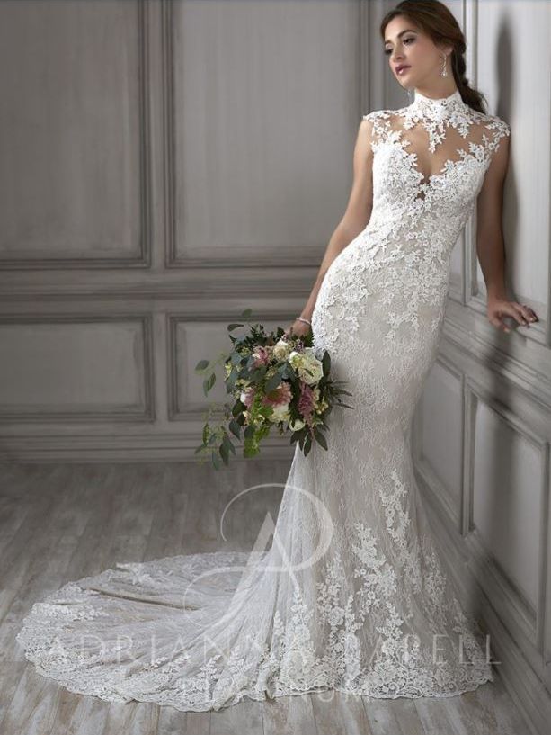 adrianna papell bridal, lace turtle neck, high neck bridal gown