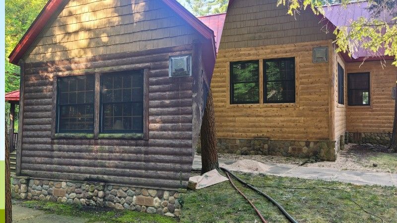 A picture of a log cabin before and after being painted.