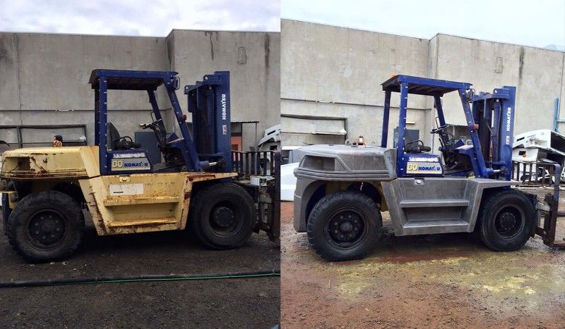 A before and after photo of a forklift sitting in front of a building.