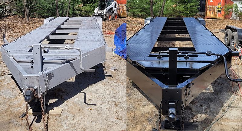 A trailer is sitting in the dirt before and after being painted.