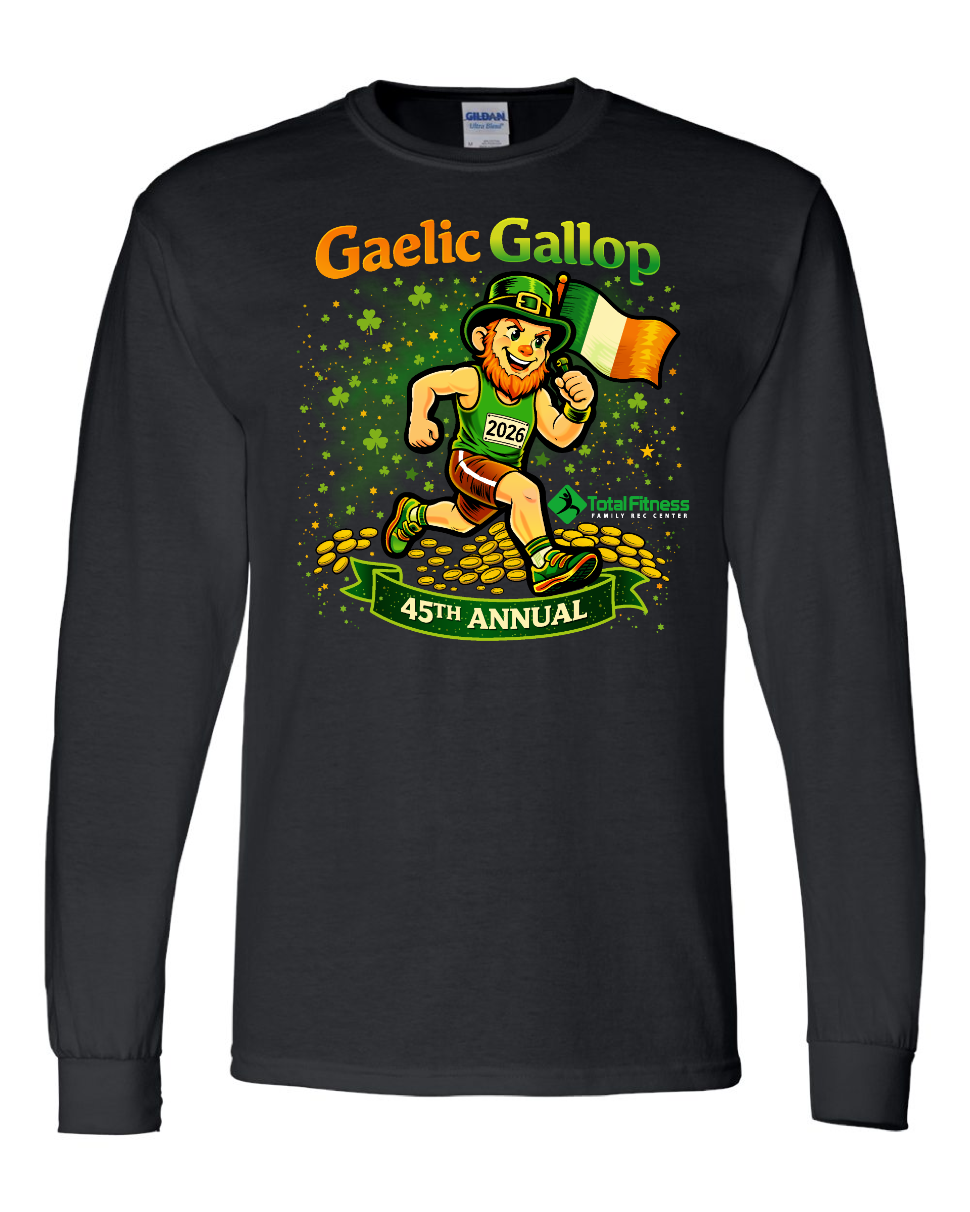 Black long-sleeve shirt with a leprechaun running with the Gaelic Gallop 45th Annual title.